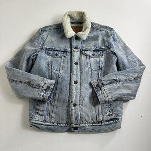 Levis Jacket Mens Size M Blue Denim Sherpa‎ Fleece Lined Snap Button Up Trucker